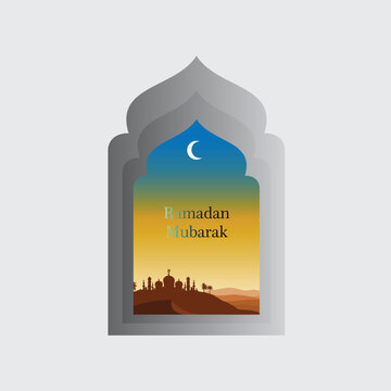 Ramadan Mubarak Mosque Archway and Desert Landscape Illustration