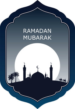 Ramadan Mubarak Mosque Silhouette with Moon and Palm Trees Illustration
