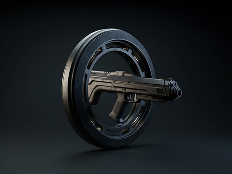Scifi rifle weapon passing through a futuristic circular portal
