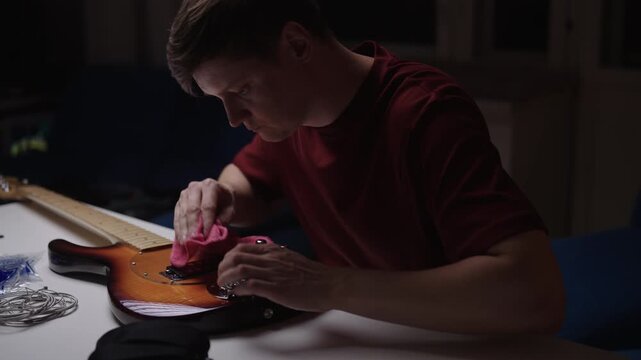 Focused man cleaning electric bass guitar, using pink cloth to polish body of instrument preparing for service. Cleaning dust and fingerprints from wooden body and chrome bridge before string change.