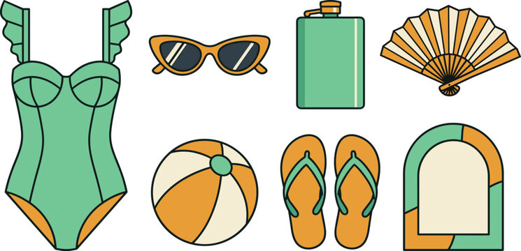 Summer Beach Vacation and Swimwear Apparel Icon Vector Set with One Piece Swimsuit, Sunglasses, Beach Ball, Flip Flops, and Flask