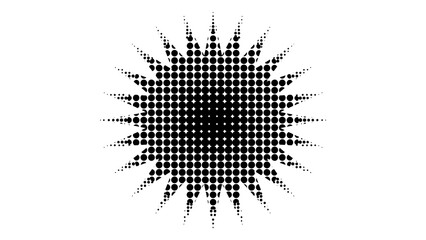 Halftone starburst shape made of black dots. Dotted comic explosion badge, spiky sunburst sticker, pop art burst element with fading rays isolated on white background. Image © Axa