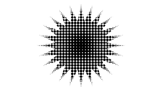 Halftone starburst shape made of black dots. Dotted comic explosion badge, spiky sunburst sticker, pop art burst element with fading rays isolated on white background. Image