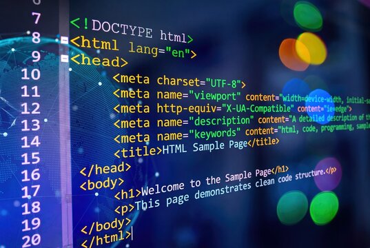 Digital HTML source code lines, web development screen close up, programming script for software engineering