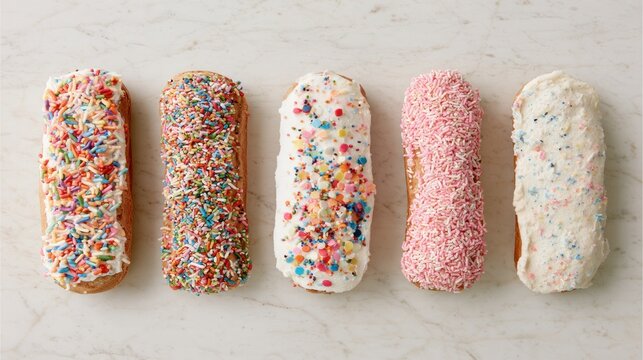 Delicious eclairs sit on cool marble surface