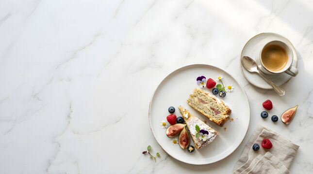 Freshness Concept Cake Slices with Raspberries Blueberries and Figs on a White Marble Surface Plate