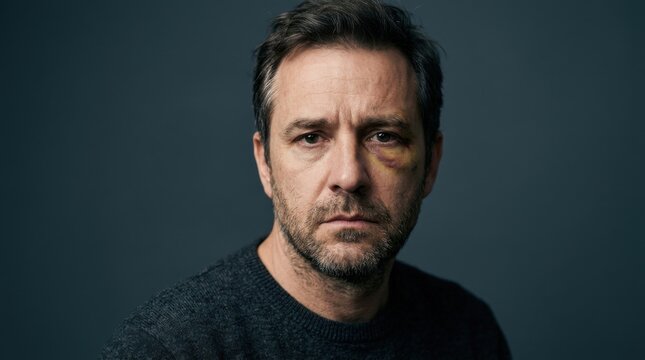 Serious Portrait of Mature Man with Black Eye Bruise on Face Looking at Camera Against Dark Blue Background Conceptual Representation of Physical