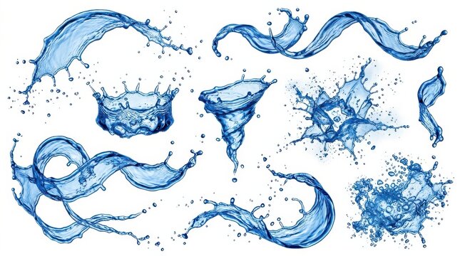 Set of Blue Liquid Water Splashes and Droplets Isolated on White Background for Beverage Advertising and Refreshing Designs Elements Collection Pack