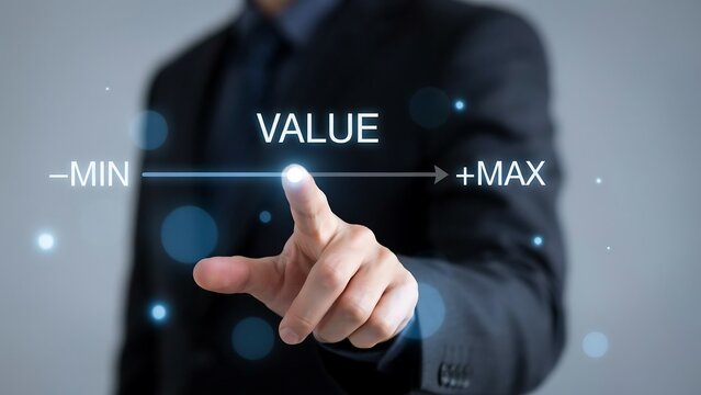 Value concept with professional hand showing minimum and maximum range