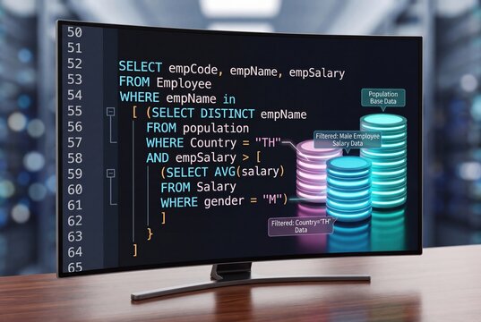 SQL database code query on curved monitor screen, computer software development and big data processing display