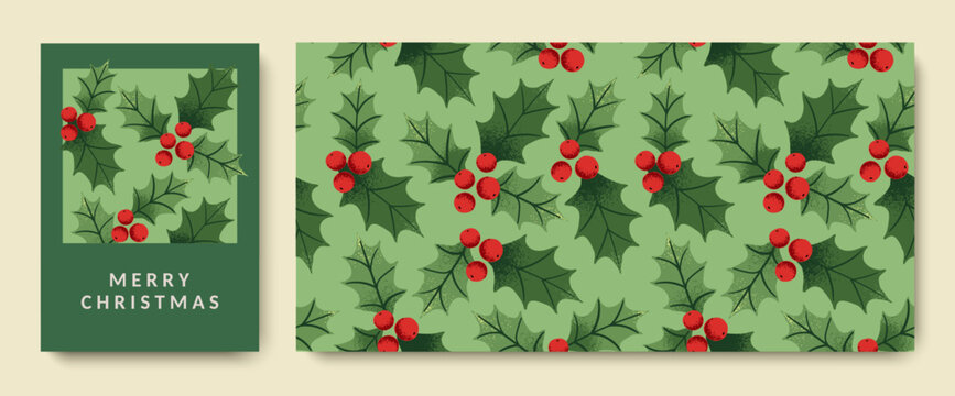 Seamless Christmas pattern with textured holly berries and leaves on a green background. Merry Christmas greeting card. 