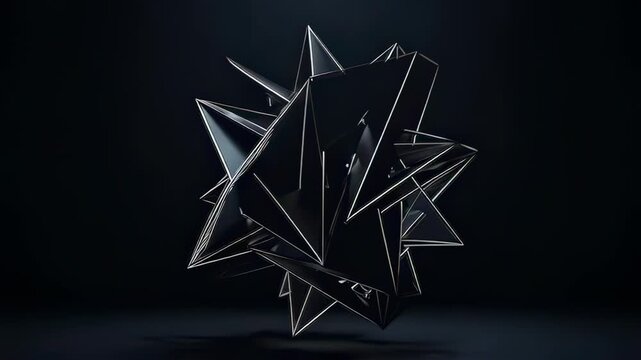 A Mesmerizing Geometric Transformation: An Intricate Black and Silver Polyhedral Form Evolving Through Abstract Motion in a Dark Environment