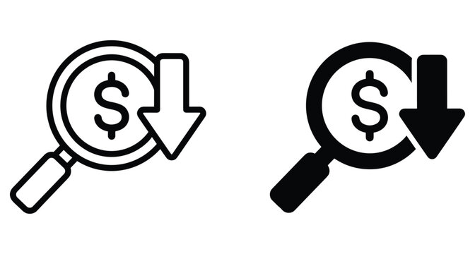 Magnifying glass focusing on dollar sign with downward arrow representing price reduction cost analysis financial decrease and economic deflation