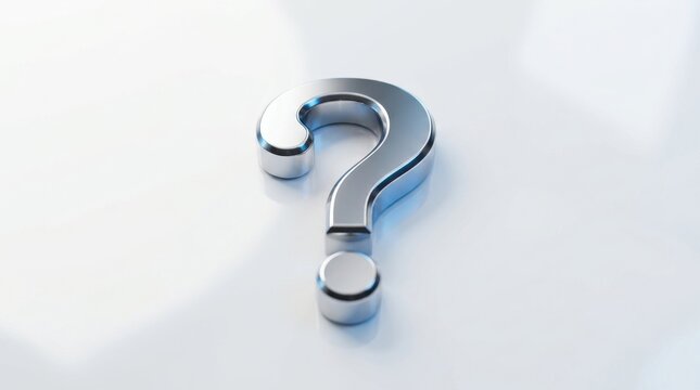 Shiny Metallic Silver Question Mark Symbol Standing Upright Isolated on a Smooth Reflective White Surface Concept for Problem Solving and Inquiry
