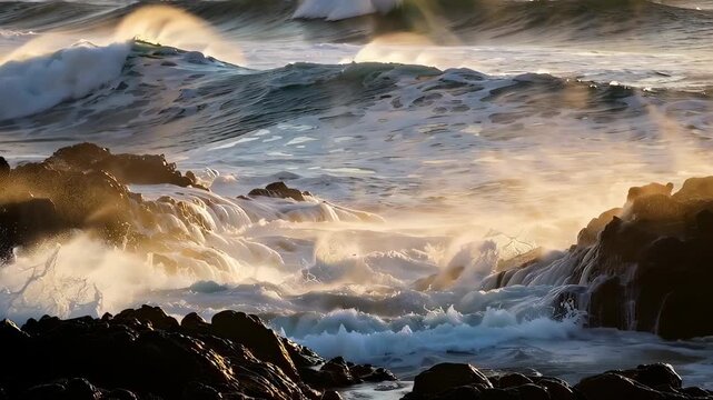 Majestic Ocean Waves Crash Against Rugged Rocks at Sunset, Creating a Dynamic Display of Water and Light in an Enchanting Coastal Scene