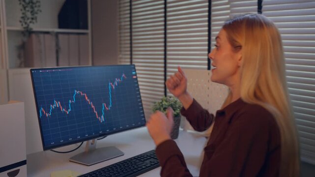 Caucasian businesswoman analyzing stock market data in modern office. 