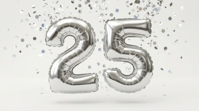 Shiny Silver Metallic Foil Balloons Number 25 with Falling Confetti on Clean Minimalist White Studio Background for Anniversary Birthday Party Concept