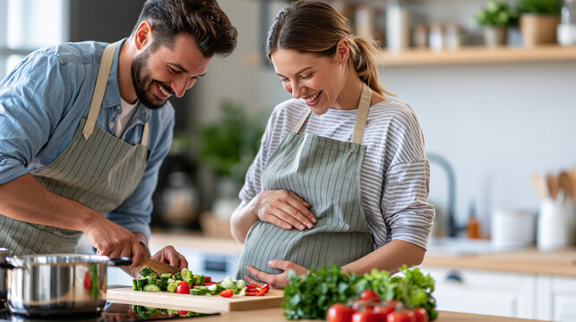 Pregnant woman laughing with her partner while cooking vegetables together, joyful pregnancy, healthy lifestyle, couple bonding, future parenthood, modern kitchen, commercial