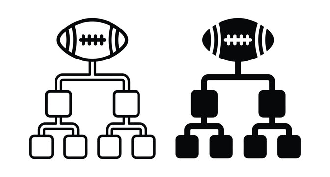 American football tournament bracket icon set showing playoff structure competition schedule and team ranking in outline and solid black styles