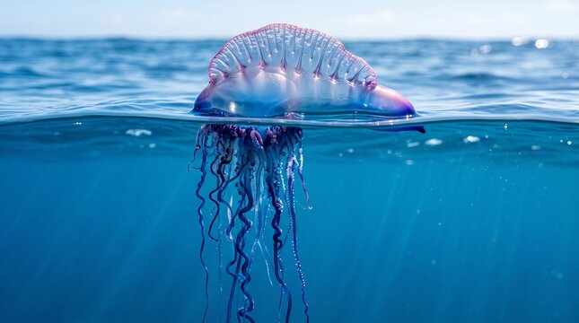 Luminous Portuguese Man o War Drifting Floating Ocean Water Surface Split View Symbolizing hidden Danger and natural Elegance