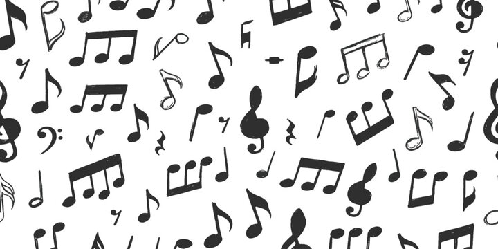 Seamless pattern of hand drawn black musical notes on a clean flat surface