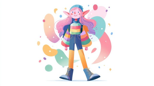Full body cute elf with happy eyes, vibrant fantasy palette, simple pastel background, aesthetic and clean