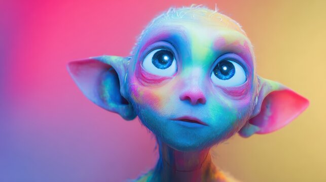 Happy elf character with glowing skin, vibrant colors, minimal background, modern fantasy style