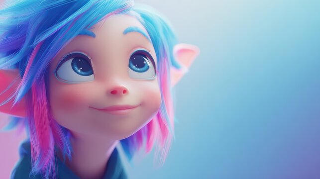 Happy elf character with glowing skin, vibrant colors, minimal background, modern fantasy style