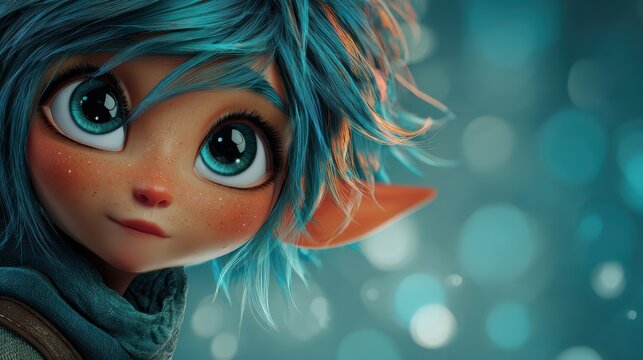 Happy elf character with glowing skin, vibrant colors, minimal background, modern fantasy style
