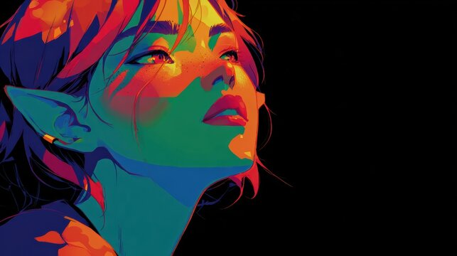 Happy elf character with glowing skin, vibrant colors, minimal background, modern fantasy style