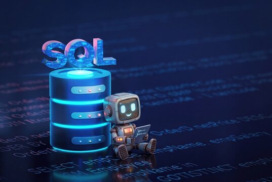 SQL database database management concept, cute robot working on server system, digital technology data storage