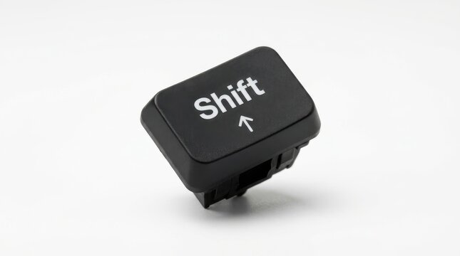 Single black computer keyboard shift key isolated on white background close up view showcasing modern typing hardware component and technology