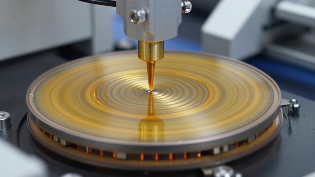 Precision wafer spin coating with liquid layer forming concentric rings on rotating substrate for microchip fabrication.