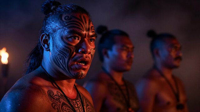 A powerful Maori warrior performs a traditional haka with intense facial tattoos and ceremonial lighting.