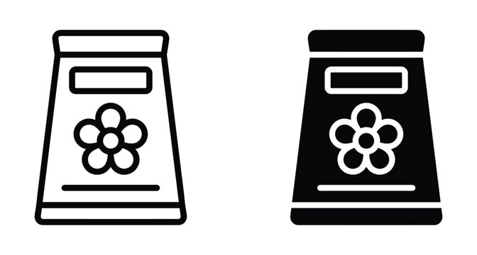 Seed packet icon set featuring flower symbol for gardening agriculture planting fertilizer bag outline and solid glyph vector illustration