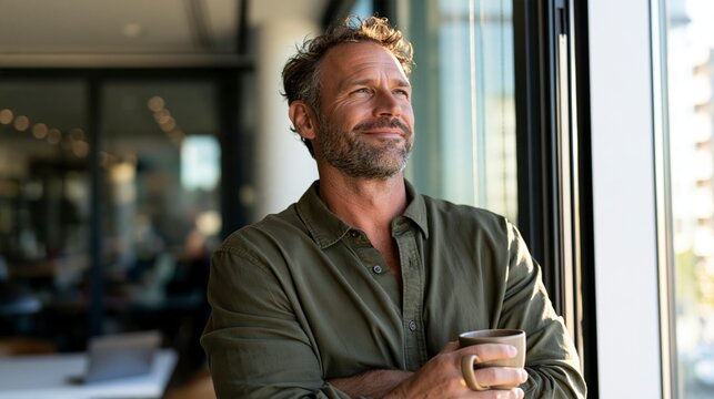 Mature Professional Man Taking Coffee Break by Office Window