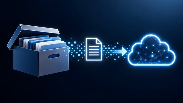 Data Migration and Cloud Computing Concept Showing Physical Document Folders Being Uploaded from a Storage Box to a Glowing Neon Digital Cloud Icon for Secure Online Server Database Management