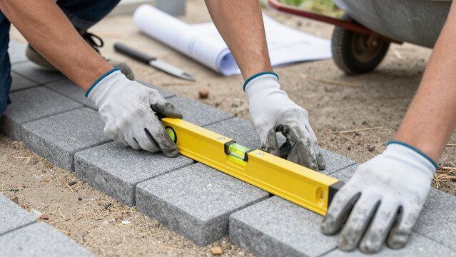 Skilled worker carefully lays paving stones using a level to ensure perfect alignment for outdoor construction.