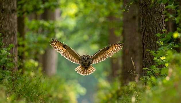 Long eared owl in flight through a sunlit forest with wings spread wide showing detailed feathers