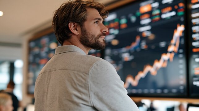 Businessman Analyzing Financial Market Data on Large Screen