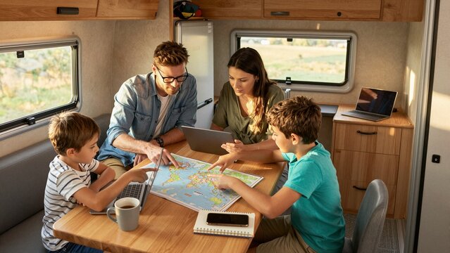 A family of four plans their camping trip inside a cozy recreational vehicle, studying maps and using laptops to decide on destinations.