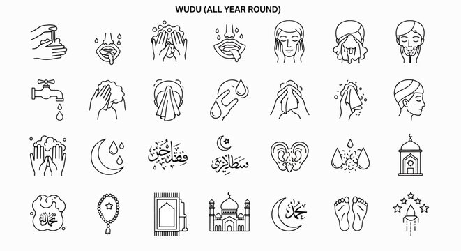 Wudu All Year Round Vector Illustration Set Islamic Ritual Washing Process Step by Step Guide