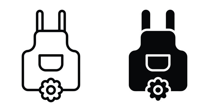 Kitchen apron icon with gear symbol representing cooking settings or culinary service management in outline and solid vector styles