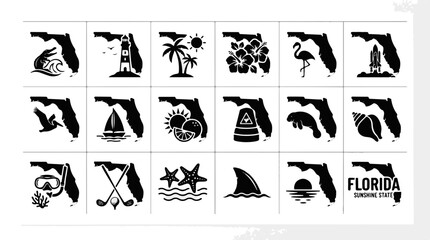 Fototapeta premium Florida State Silhouette Icons Collection Depicting Popular Travel and Tourism Symbols