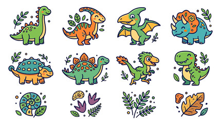 Cute cartoon dinosaurs and prehistoric elements isolated © alam