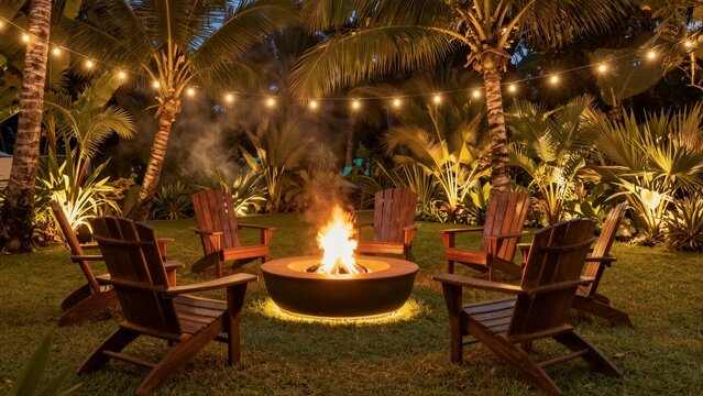 Warm firelight glows around wooden chairs in a tropical garden at dusk, surrounded by palm trees and string lights.