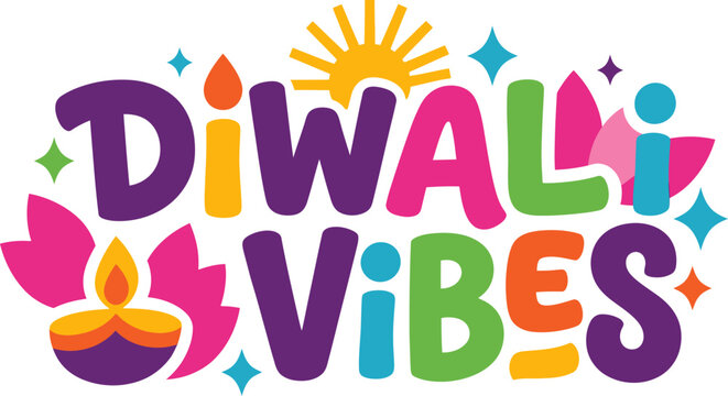Colorful vector typography graphic featuring the text Diwali Vibes with decorative diya oil lamps and festive elements