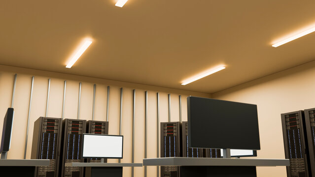 Computer monitors and server racks in data center room