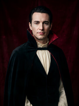 Portrait of a handsome man dressed as a classic gothic vampire with cape