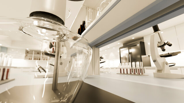 Modern laboratory bench with microscopes and test tubes for scientific
